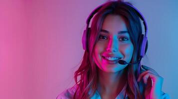 Happy Customer Service Representative Providing Assistance on Vibrant Backdrop photo