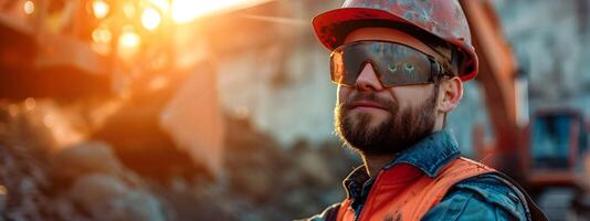 Hardworking Heavy Equipment Operator in Protective Gear Stands Proudly on Construction Site photo