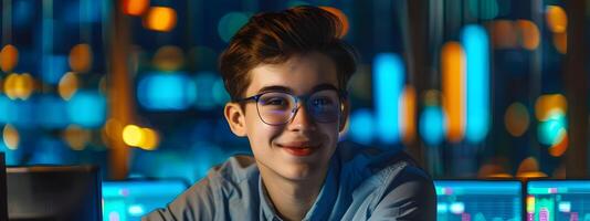 Smiling Young Professional Analyst Working on Computer at Night in City Office photo