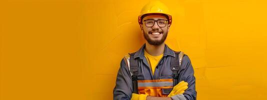 Happy Young Building Inspector in Protective Gear Smiling on Color Background photo