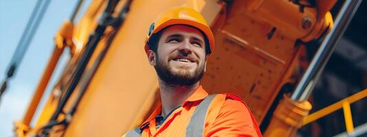 Hardworking Construction Worker Operating Heavy Crane Equipment on Job Site photo