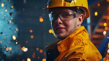 Happy Young Ironworker Wearing Hardhat and Uniform on Colorful Industrial Background photo