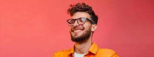 Happy Smiling Young Software Engineer Wearing Glasses and Casual Outfit Working on Color Background photo
