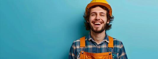 Happy Handyman in Uniform Smiling on Color Background photo