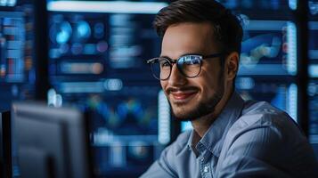 Smiling Young Information Security Analyst Working on Colorful Digital Background photo