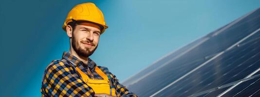 Smiling Solar Photovoltaic Installer Working with Renewable Energy Equipment on Site photo