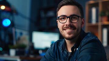 Cheerful Technical Specialist Focused on Digital Workflow in Coworking Space photo