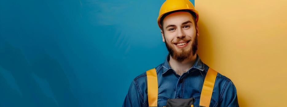 Cheerful Skilled Plumber in Workwear Posing on Colorful Background photo