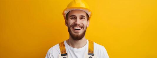 Cheerful Young Construction Worker in Hardhat Smiling at on Vibrant Color Backdrop photo
