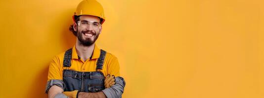 Cheerful Tradesman in Uniform Posing on Vibrant Background photo