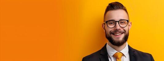 Confident Businessman in Glasses Smiles Proudly in Corporate Office Setting photo