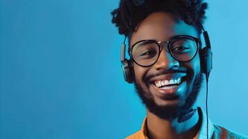 Cheerful Technical Support Professional Offers Friendly Assistance on Vibrant Backdrop photo