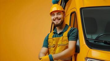 Cheerful Vehicle or Equipment Maintenance Worker Smiling on Colorful Background photo