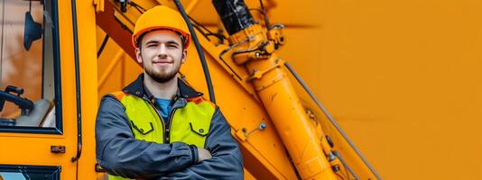Confident Crane Operator Posing in Front of Heavy Construction Machinery photo