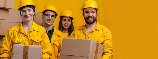 Confident Shipping and Receiving Team Posing on Vibrant Background photo