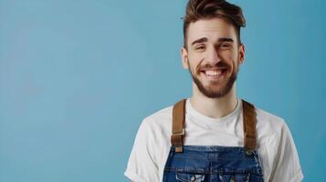 Confident Carpenter in Casual Attire Smiles Cheerfully Against Blue Background photo