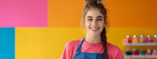 Cheerful Young Cashier Working with Positive Attitude on Vibrant Background photo