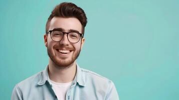 Confident and Successful Young Business Professional in Casual Attire Smiling at the Against a Vibrant Colored Background photo