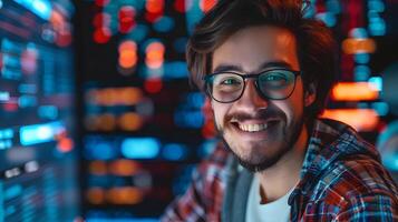 Confident and Smiling Young Information Security Analyst Working on a Colorful Digital Background photo