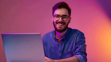 Confident and Smiling Young Professional Working on Laptop in Vibrant Home Office Setting photo