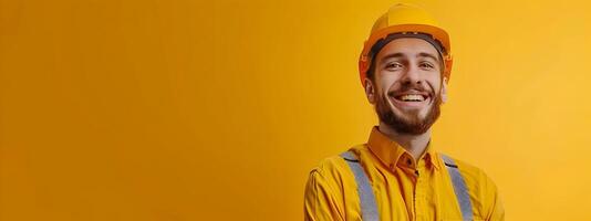 Cheerful Young Construction Worker in Hardhat Smiling on Orange Background photo
