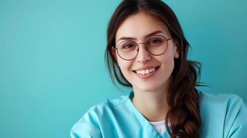 Confident and Friendly Young Professional Assistant Smiling on Turquoise Background photo