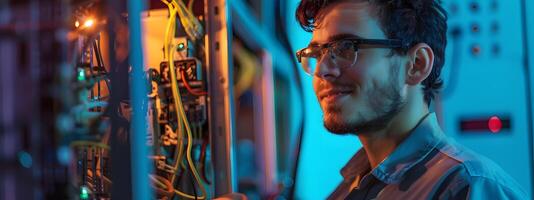 Electrical Engineer Working on Complex Electronic System in Vibrant Workspace photo