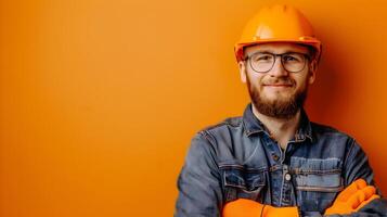 Smiling Maintenance Engineer in Hardhat and Overalls Working on Colored Background photo
