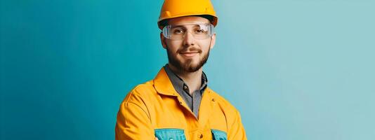 Smiling Geological Engineer in Hardhat and Uniform on Colorful Background photo