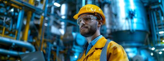 Portrait of Cheerful Nuclear Power Plant Engineer Working in Industrial Facility photo