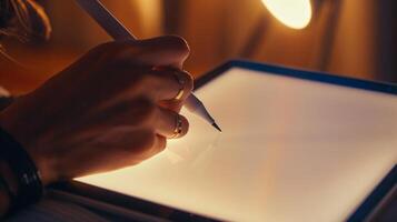 close-up photo of a persons hand, delicately gripping a modern stylus as it glides across a high-resolution graphic tablet