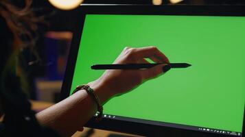 close-up photo of a persons hand, delicately gripping a modern stylus as it glides across a high-resolution graphic tablet