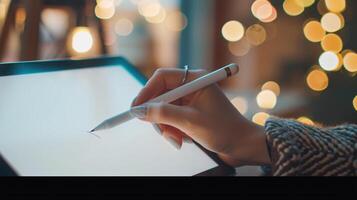 close-up photo of a persons hand, delicately gripping a modern stylus as it glides across a high-resolution graphic tablet