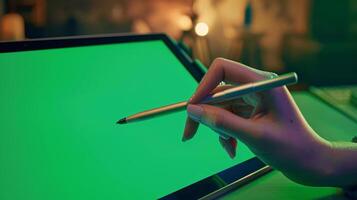 close-up photo of a persons hand, delicately gripping a modern stylus as it glides across a high-resolution graphic tablet