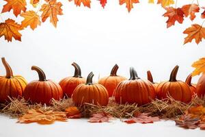 Vibrant Autumn Arrangement of Pumpkins on Hay With Colorful Leaves photo