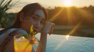 A close-up portrait of a woman against the cool stone edge of a pool, with a vibrant mocktail photo