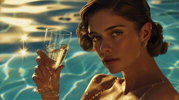 A close-up portrait of a woman against the cool stone edge of a pool, with a vibrant mocktail photo