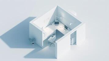 In the pristine white space, an isometric view unveils a cube-shaped box office, a microcosm of modern productivity photo