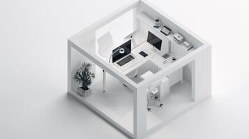 In the pristine white space, an isometric view unveils a cube-shaped box office, a microcosm of modern productivity photo