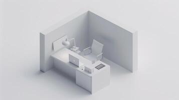 In the pristine white space, an isometric view unveils a cube-shaped box office, a microcosm of modern productivity photo