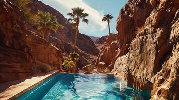 a hidden luxury oasis in the desert A turquoise pool nestled amidst red rocks reflects the azure sky photo