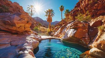 a hidden luxury oasis in the desert A turquoise pool nestled amidst red rocks reflects the azure sky photo