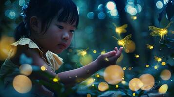 Countless fireflies twinkle like stars in a lush forest illuminating A child, eyes wide with wonder photo
