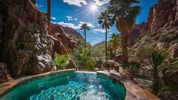 a hidden luxury oasis in the desert A turquoise pool nestled amidst red rocks reflects the azure sky photo