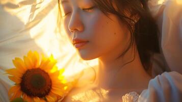 woman with sun-kissed skin draped in a flowing white dress, holding a single sunflower photo