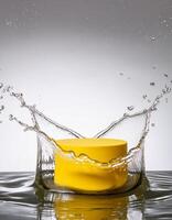 empty yellow podium mockup with water splash on a gradient background for product display photo