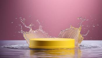 empty yellow podium mockup with water splash on a gradient background for product display photo