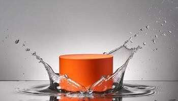 empty orange podium mockup with water splash on a gradient background for product display photo