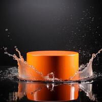 empty orange podium mockup with water splash on a gradient background for product display photo