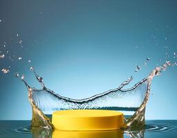 empty yellow podium mockup with water splash on a gradient background for product display photo